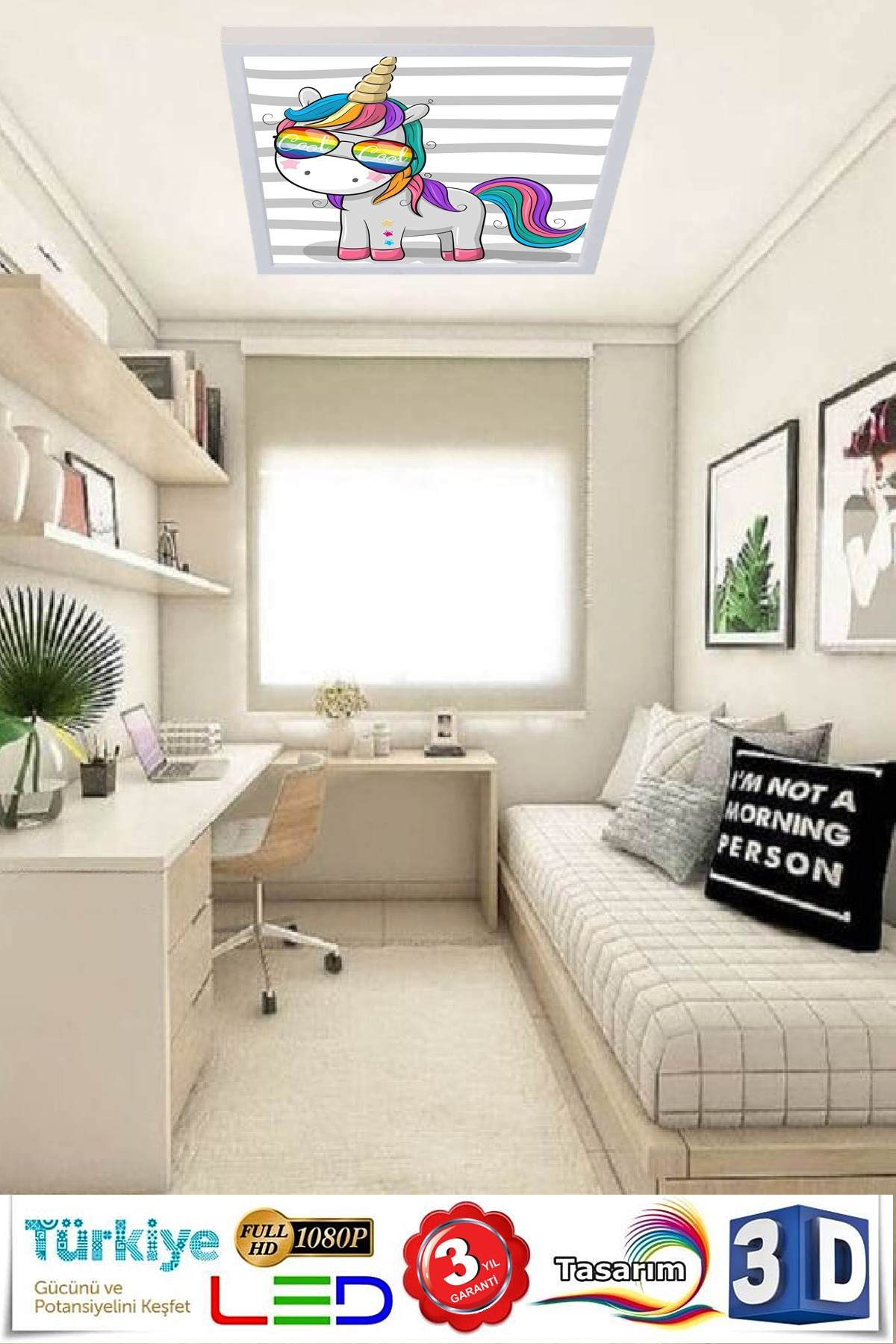 Cool Unicorn 60x60 Çocuk odası avize modelleri, 54wat led, tavana model avize,çocuklar için küçük kedi desenli kare avize - Görsel 2