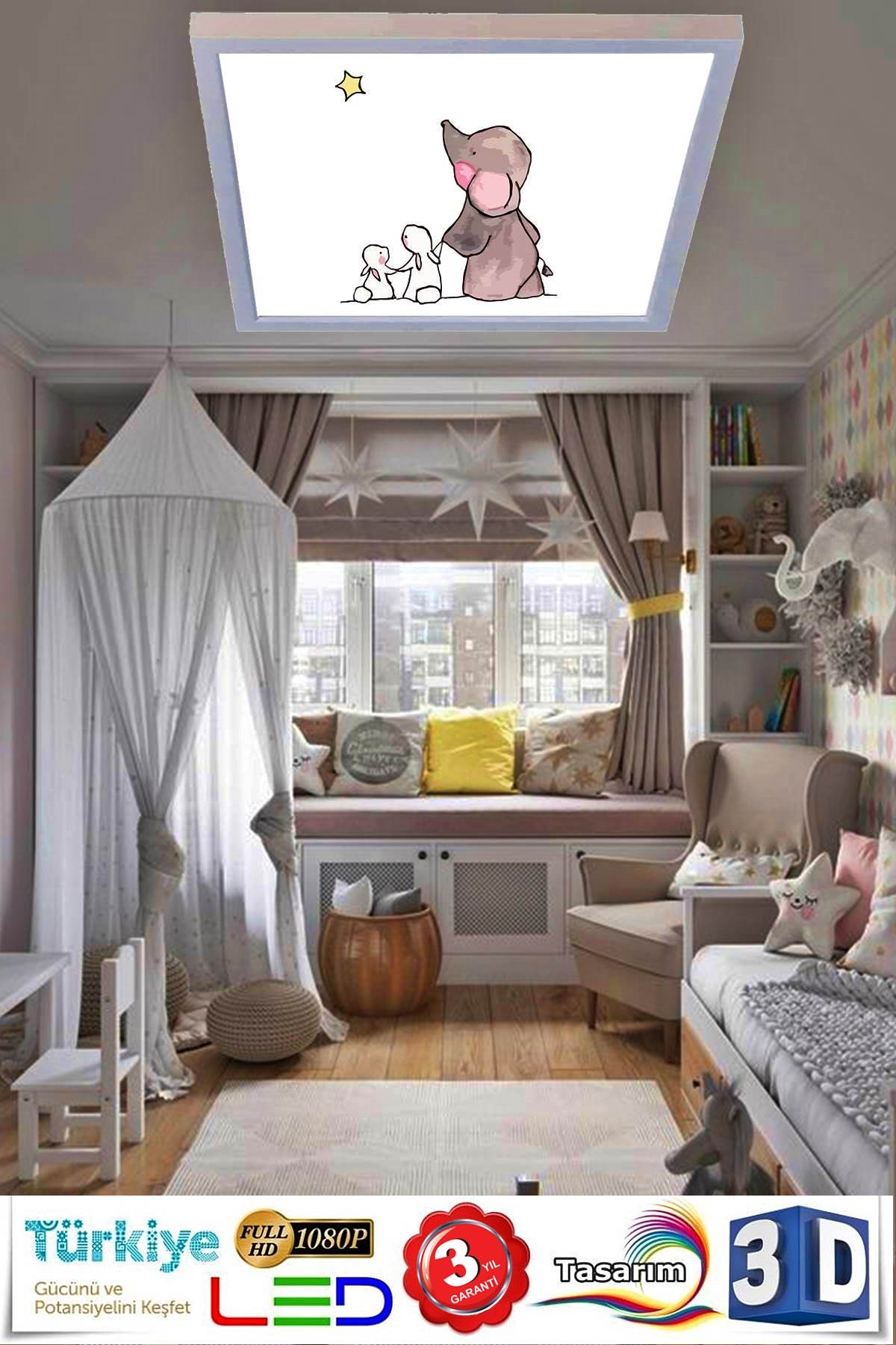 Yavru Fil Desenli 60x60 Çocuk odası avize modelleri, 54wat led, tavana model avize,çocuklar için Yavru Fil desenli kare avize - Görsel 3