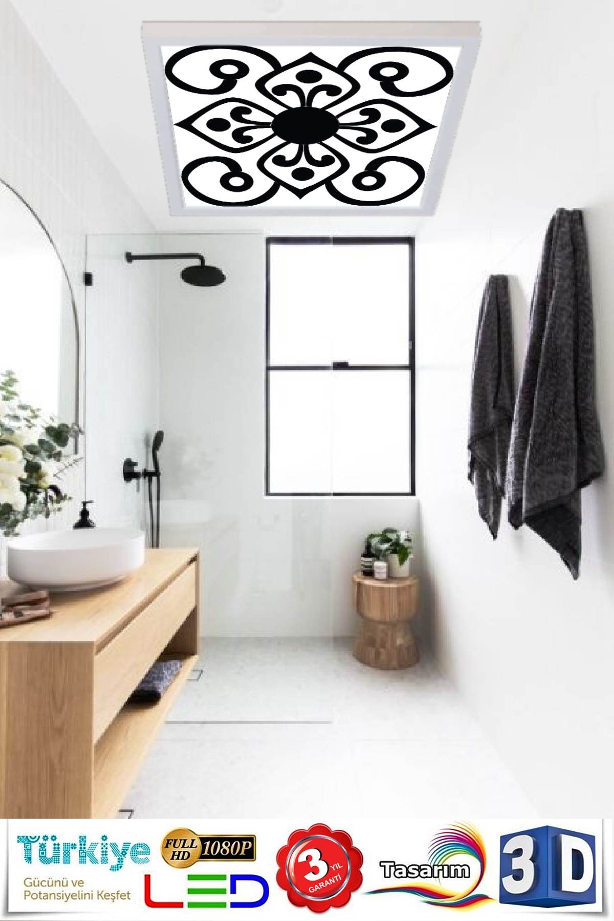 Black White Çiçek Desenli Banyo Avize, 60x60-54w, Banyo aydınlatma, yatak odası avize modelleri, wc Ferah avize - Görsel 3