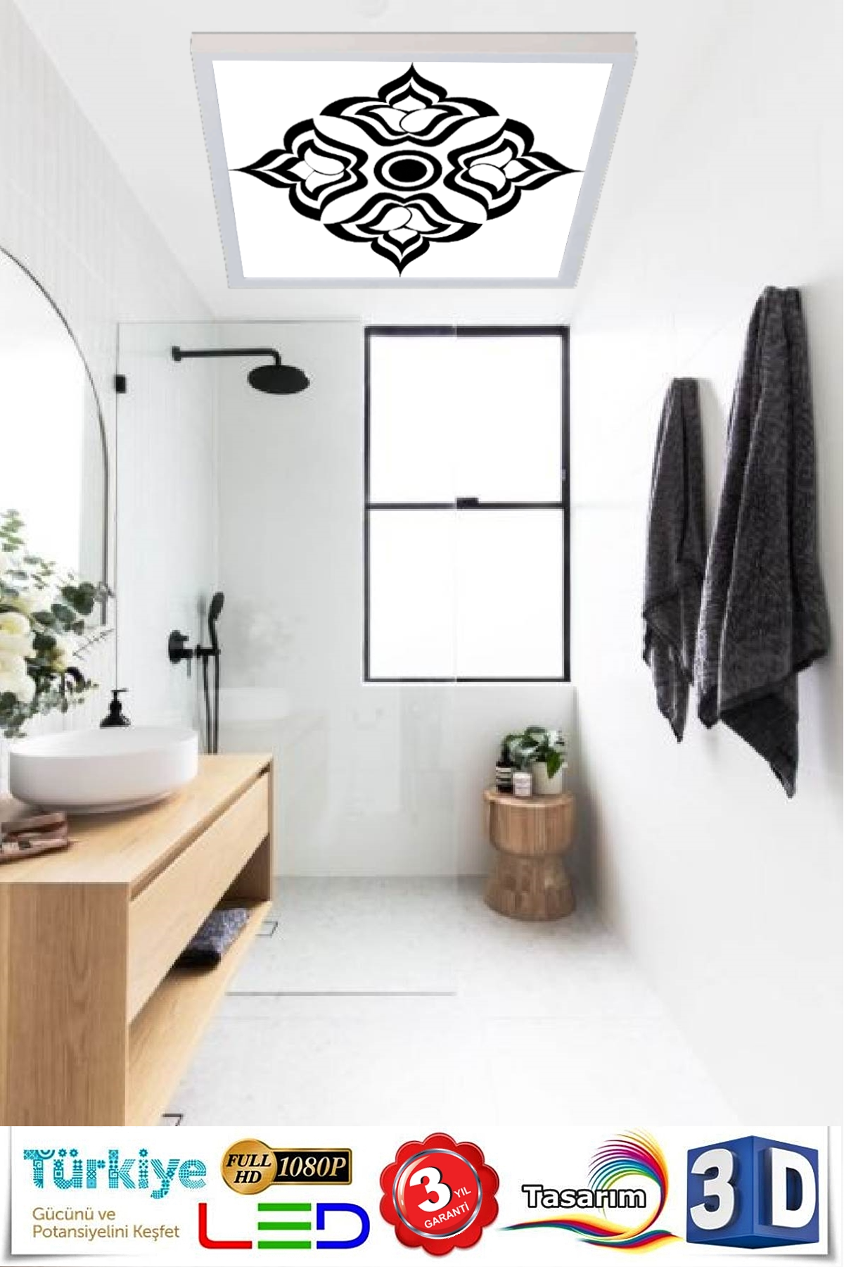Siyah Gül Kalkan Desenli Banyo Avize, 60x60-54w, Banyo aydınlatma, yatak odası avize modelleri, wc Ferah avize - Görsel 2