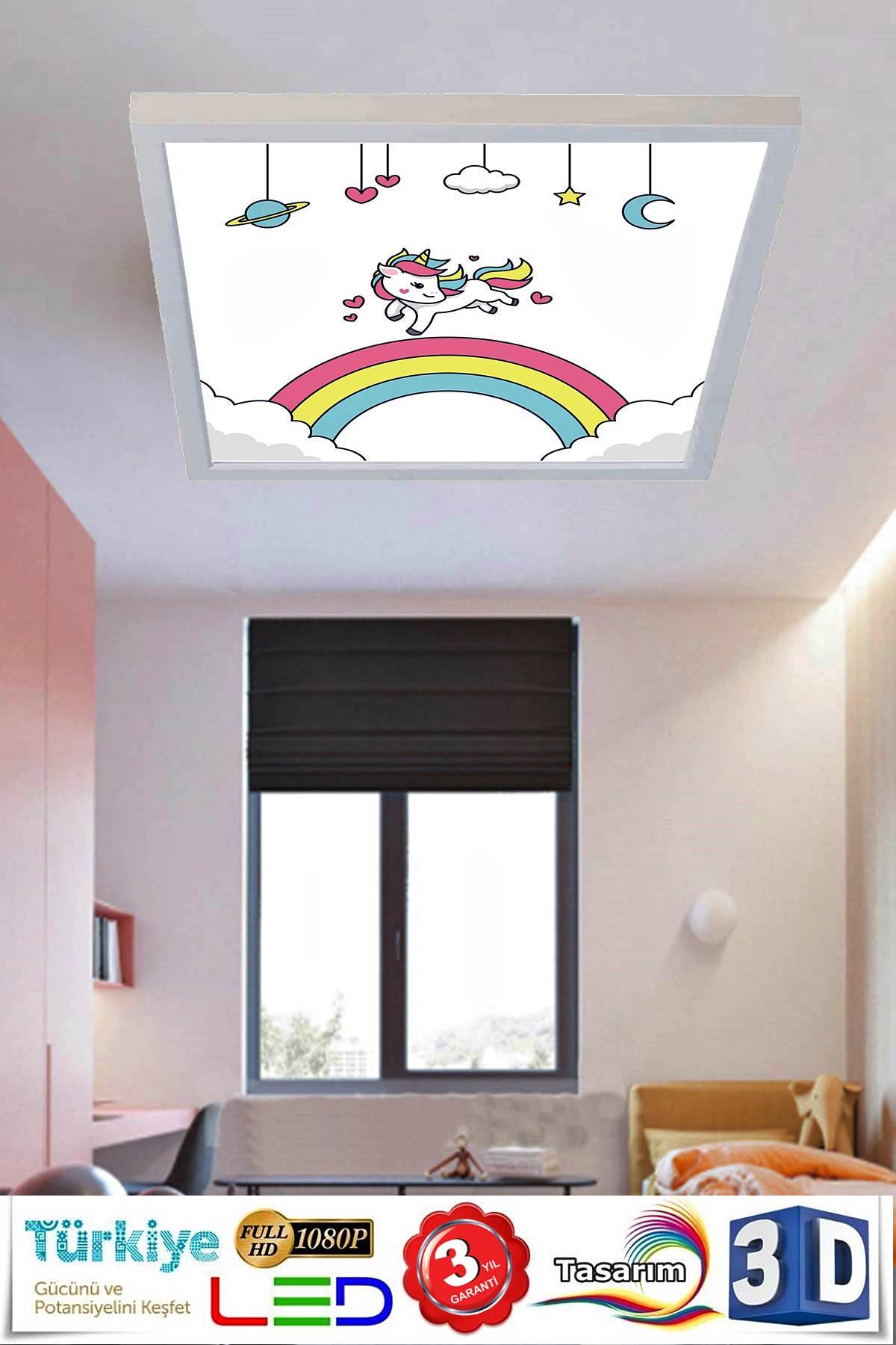 Gökkuşağı Unicorn 60x60 Çocuk odası avize modelleri, 54wat led, tavana model avize,çocuklar için gökkuşağı unicorn desenli kare avize - Görsel 2