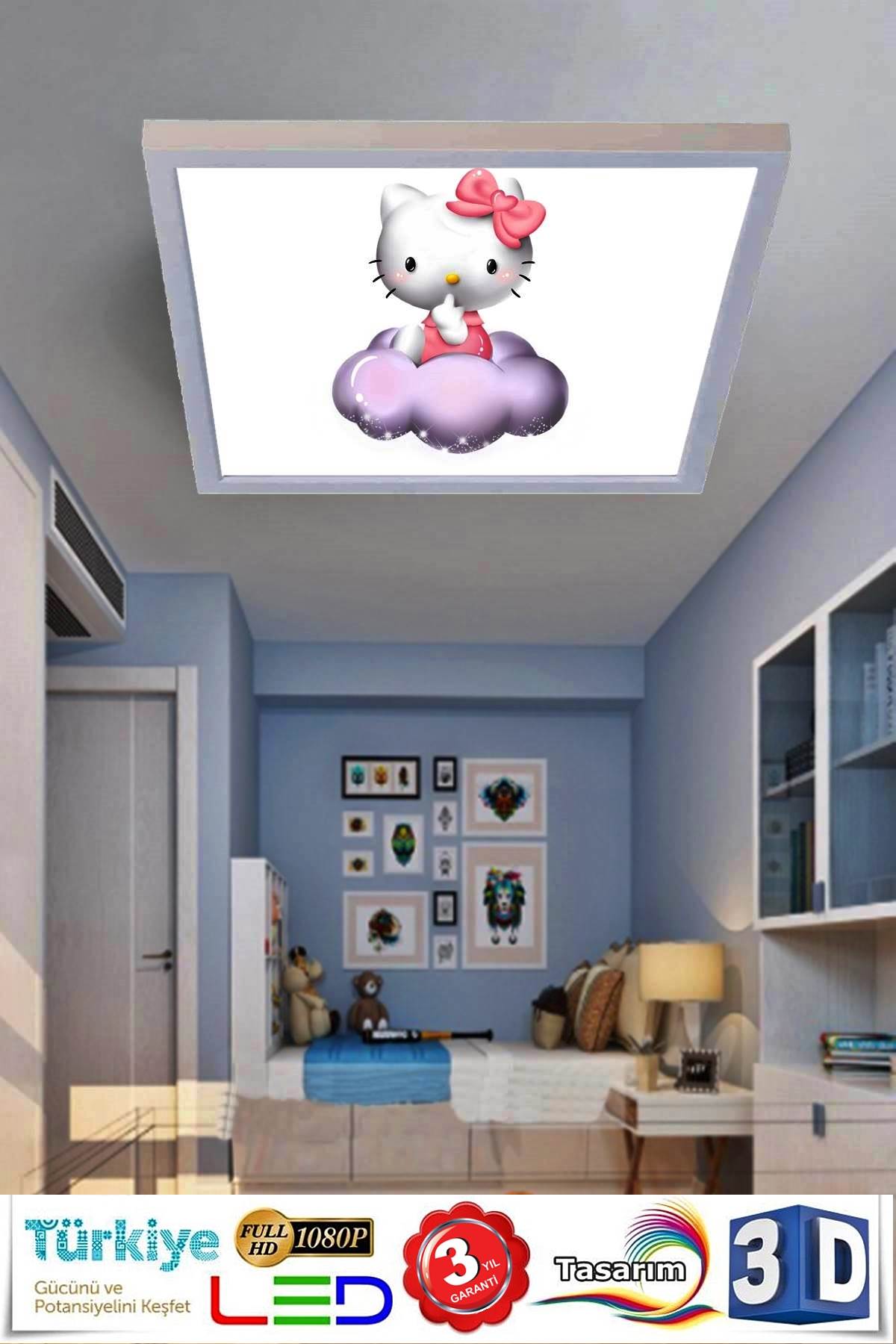 Bulut Hello Kitty 60x60 Çocuk odası avize modelleri, 54wat led, tavana model avize,çocuklar için bulut hello kitty desenli kare avize - Görsel 5