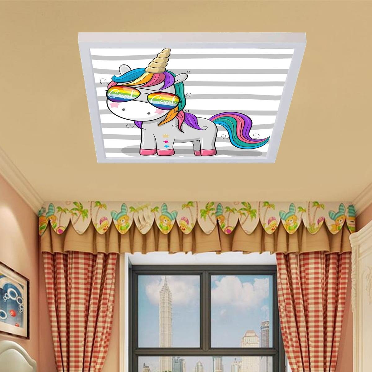 Cool Unicorn 60x60 Çocuk odası avize modelleri, 54wat led, tavana model avize,çocuklar için küçük kedi desenli kare avize