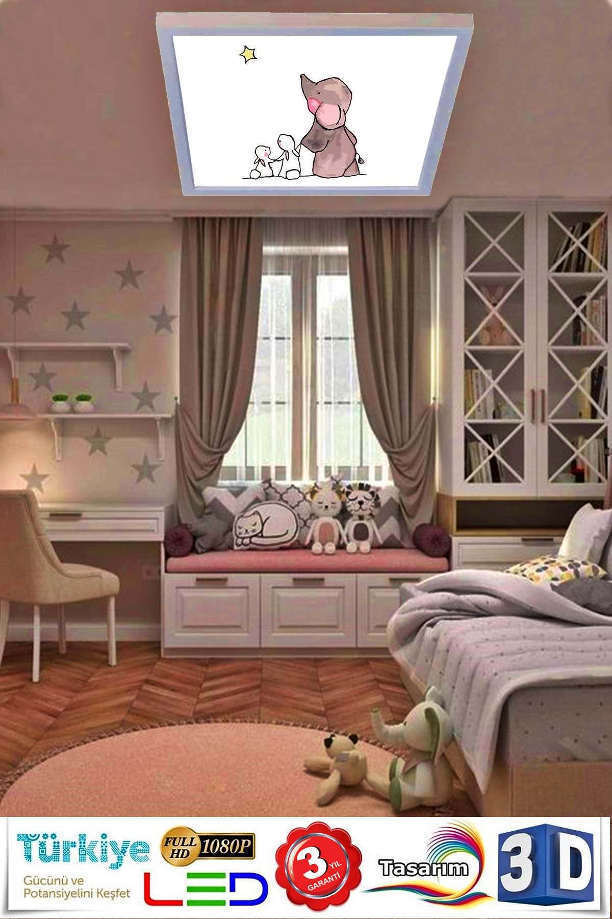 Yavru Fil Desenli 60x60 Çocuk odası avize modelleri, 54wat led, tavana model avize,çocuklar için Yavru Fil desenli kare avize - Görsel 2