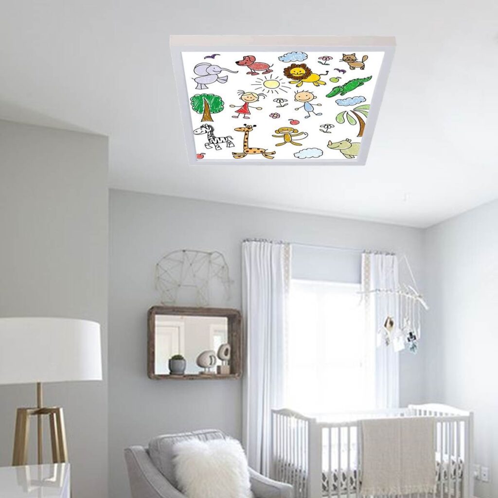 Zoo Hayvanları Desenli 60x60 Çocuk odası avize modelleri, 54wat led, tavana model avize,çocuklar için zoo hayvanları desenli kare avize