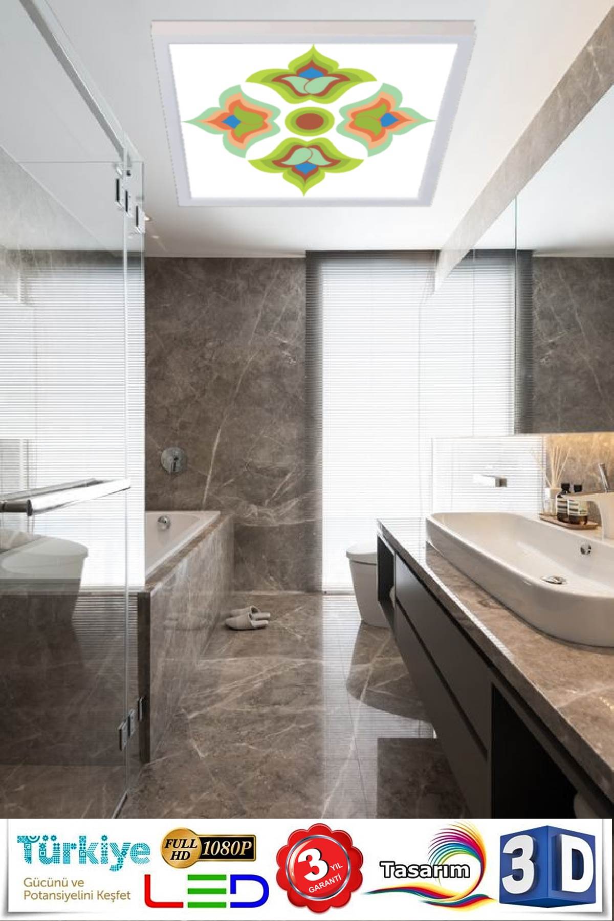 Yeşil Gül Kalkan Desenli Banyo Avize, 60x60-54w, Banyo aydınlatma, yatak odası avize modelleri, wc Ferah avize - Görsel 4
