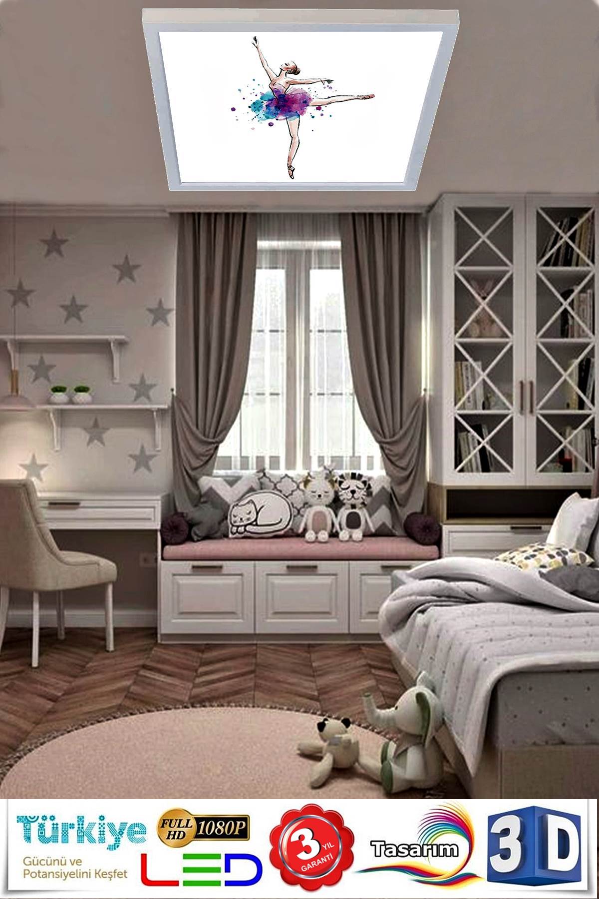 Balerin 60x60 Çocuk odası avize modelleri, 54wat led, tavana model avize,çocuklar için balerin desenli kare avize - Görsel 2