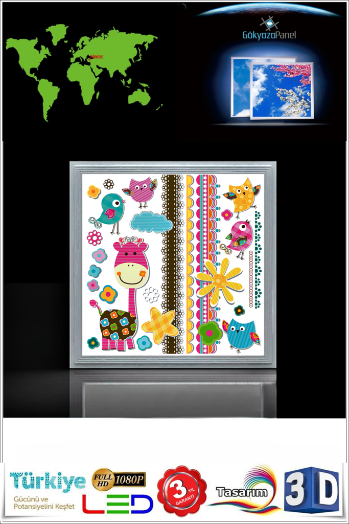 Küçük Zürafa 60x60 Çocuk odası avize modelleri, 54wat led, tavana model avize,çocuklar için küçük zürafa desenli kare avize