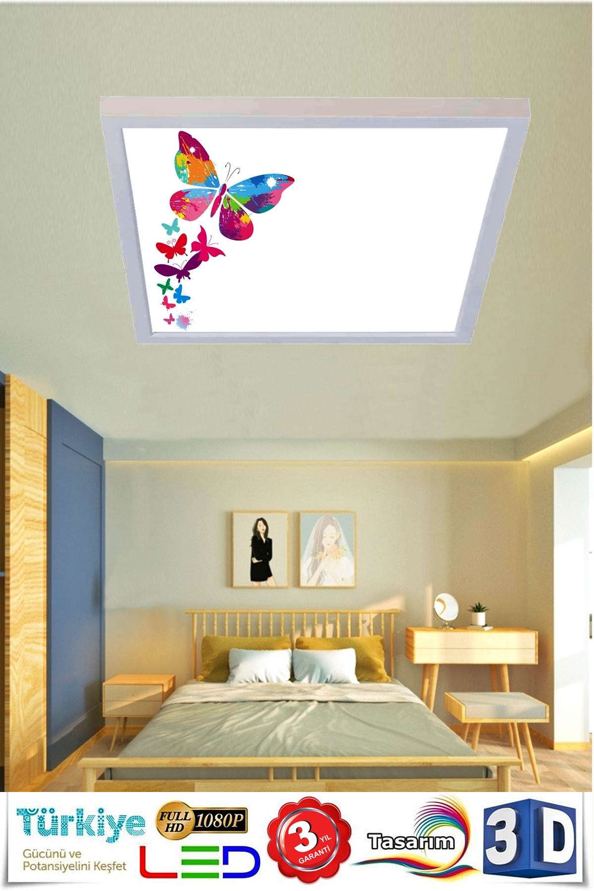 Kelebek Ofis aydınlatma led avize, 60x60 sıva üstü led, desenli led avize, 54watt büyük boy led avize, resimli led avize - Görsel 3
