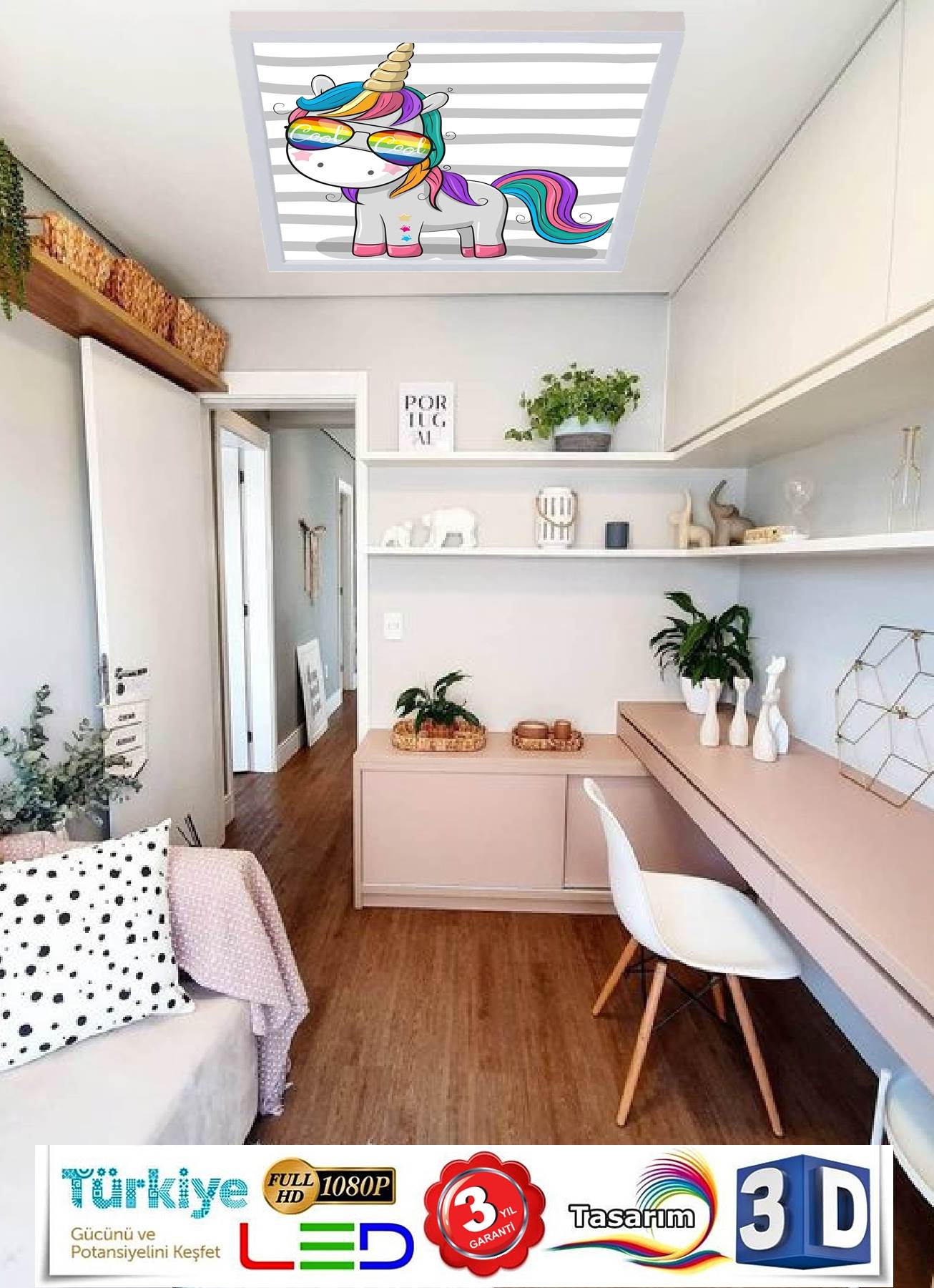 Cool Unicorn 60x60 Çocuk odası avize modelleri, 54wat led, tavana model avize,çocuklar için küçük kedi desenli kare avize - Görsel 4