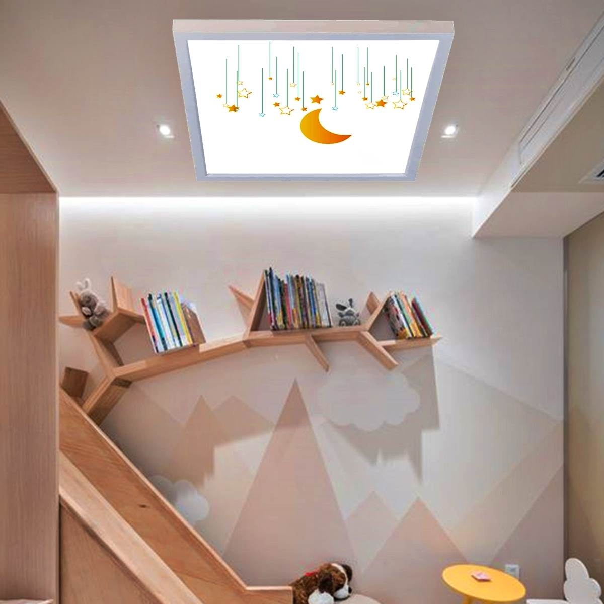 Sarı Ay Dede Motifli 60x60 Çocuk odası avize modelleri, 54wat led, tavana model avize,çocuklar için mavi çiçek desenli kare avize