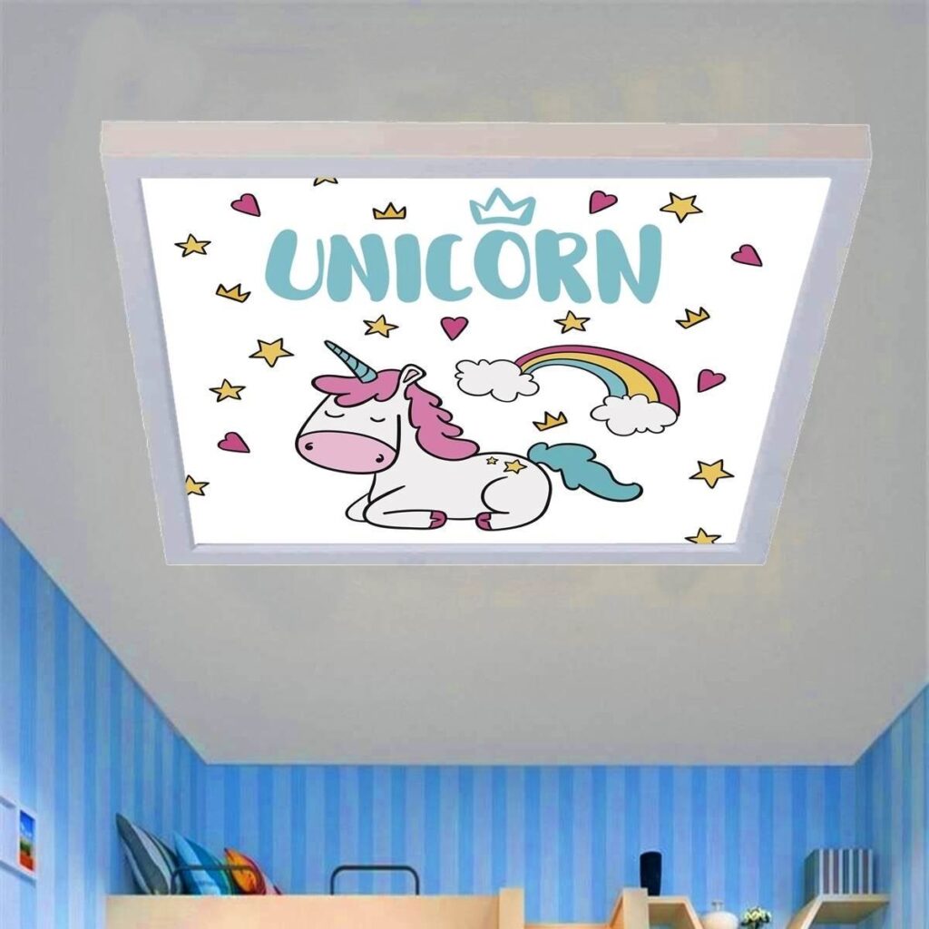 Sevimli Unicorn Desenli 60x60 Çocuk odası avize modelleri, 54wat led, tavana model avize,çocuklar için sevimli unicorn desenli kare avize