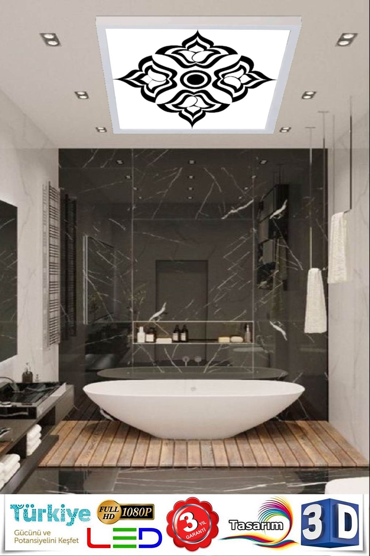 Siyah Gül Kalkan Desenli Banyo Avize, 60x60-54w, Banyo aydınlatma, yatak odası avize modelleri, wc Ferah avize - Görsel 3