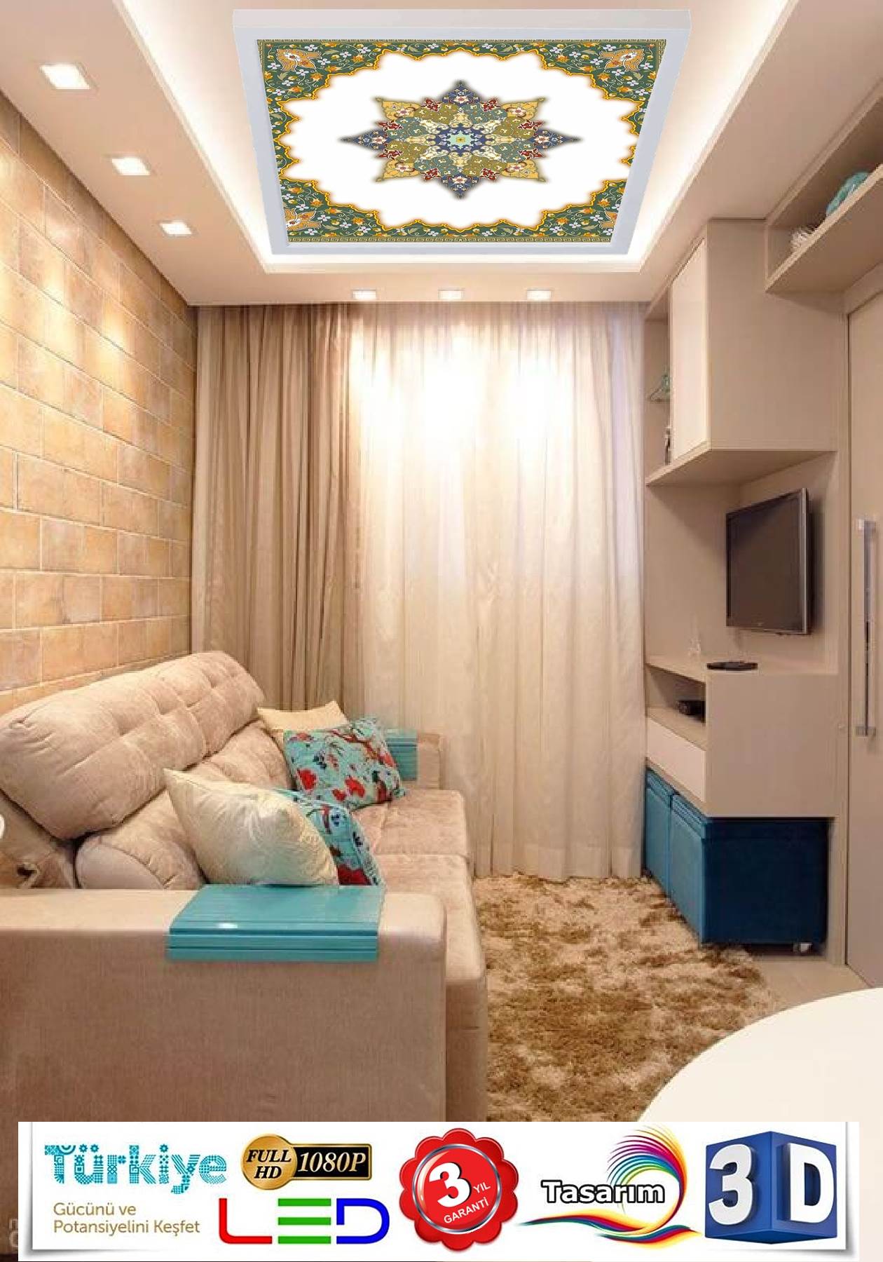 Doğu Motifli Ofis aydınlatma led avize, 60x60 sıva üstü led, desenli led avize, 54watt büyük boy led avize, resimli led avize - Görsel 3