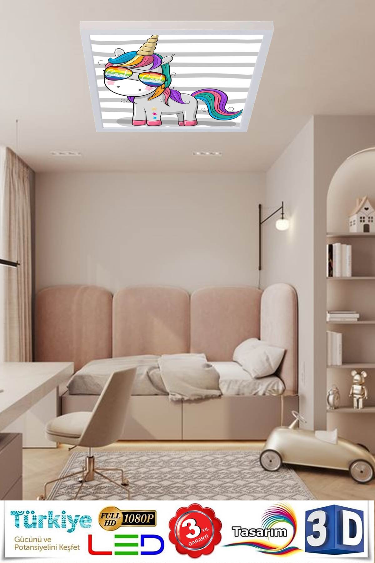 Cool Unicorn 60x60 Çocuk odası avize modelleri, 54wat led, tavana model avize,çocuklar için küçük kedi desenli kare avize - Görsel 3