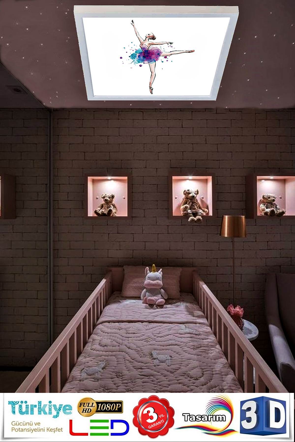 Balerin 60x60 Çocuk odası avize modelleri, 54wat led, tavana model avize,çocuklar için balerin desenli kare avize - Görsel 3