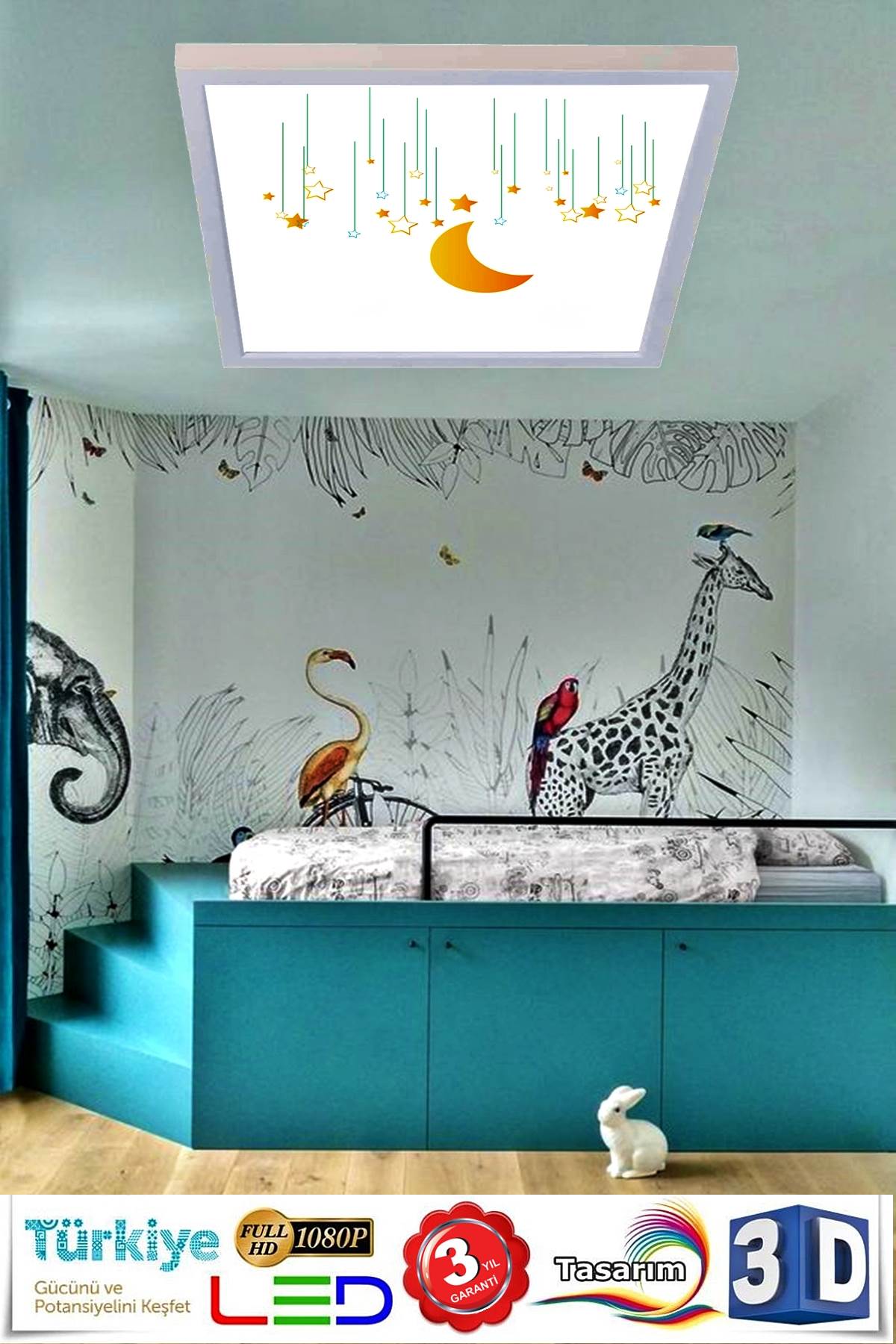 Sarı Ay Dede Motifli 60x60 Çocuk odası avize modelleri, 54wat led, tavana model avize,çocuklar için mavi çiçek desenli kare avize - Görsel 4