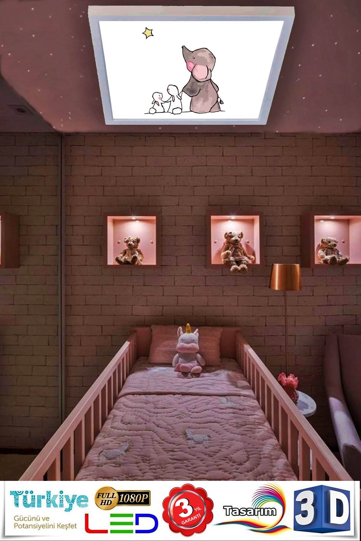 Yavru Fil Desenli 60x60 Çocuk odası avize modelleri, 54wat led, tavana model avize,çocuklar için Yavru Fil desenli kare avize - Görsel 4