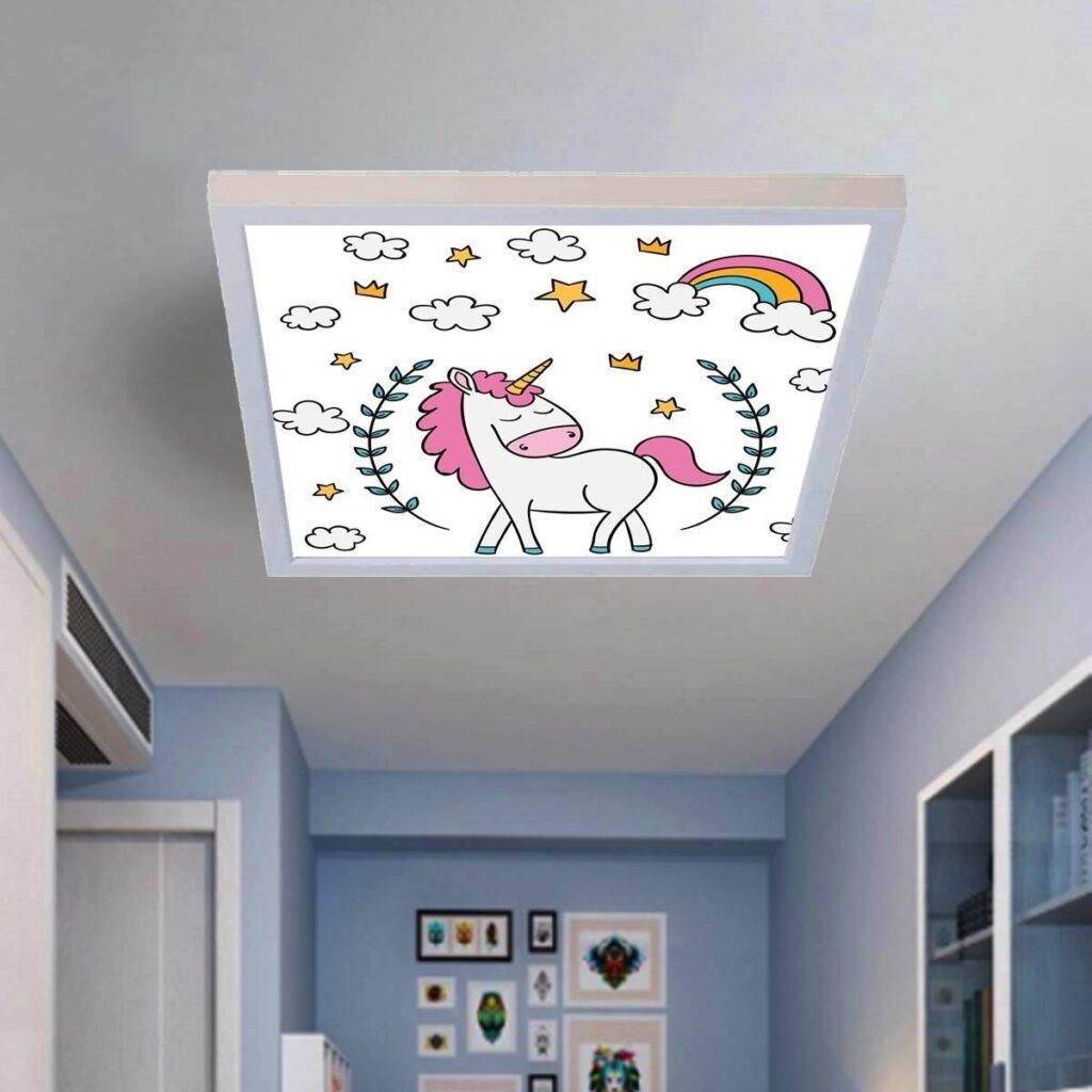 Mutlu Unicorn Desenli 60x60 Çocuk odası avize modelleri, 54wat led, tavana model avize,çocuklar için mutlu unicorn desenli kare avize