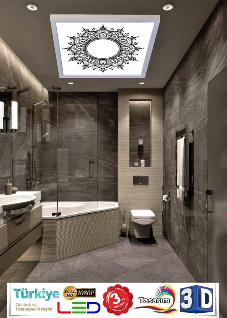 Banyo avize modelleri, 60x60 led avize, 54watt led tavan lambası, siyah desenli avize, resimli avize, baskılı panel