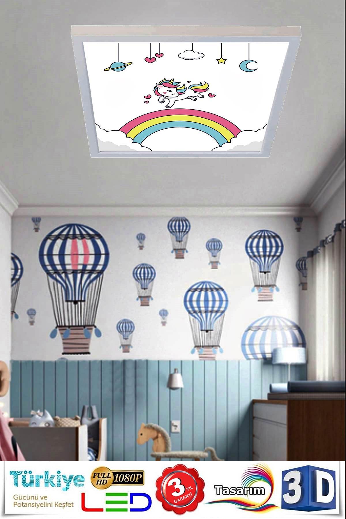 Gökkuşağı Unicorn 60x60 Çocuk odası avize modelleri, 54wat led, tavana model avize,çocuklar için gökkuşağı unicorn desenli kare avize - Görsel 3