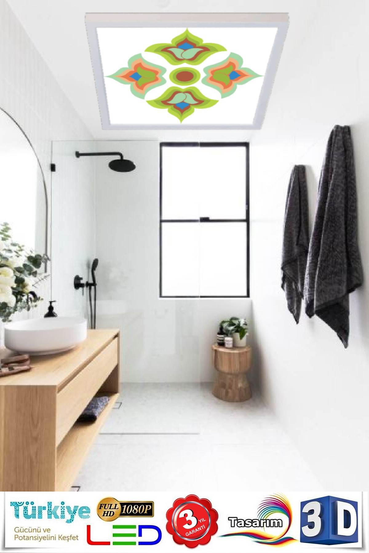 Yeşil Gül Kalkan Desenli Banyo Avize, 60x60-54w, Banyo aydınlatma, yatak odası avize modelleri, wc Ferah avize - Görsel 3