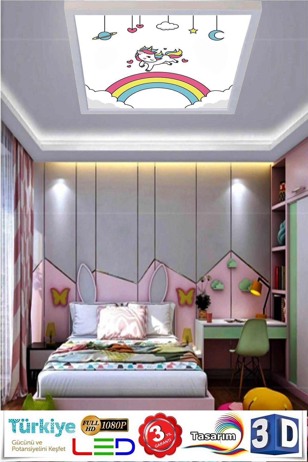 Gökkuşağı Unicorn 60x60 Çocuk odası avize modelleri, 54wat led, tavana model avize,çocuklar için gökkuşağı unicorn desenli kare avize - Görsel 4