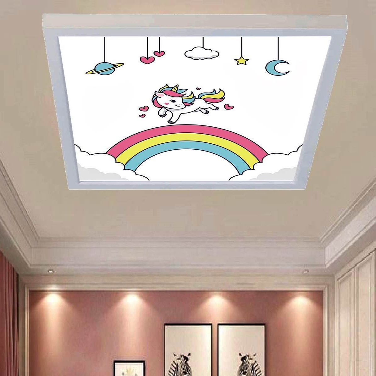 Gökkuşağı Unicorn 60x60 Çocuk odası avize modelleri, 54wat led, tavana model avize,çocuklar için gökkuşağı unicorn desenli kare avize