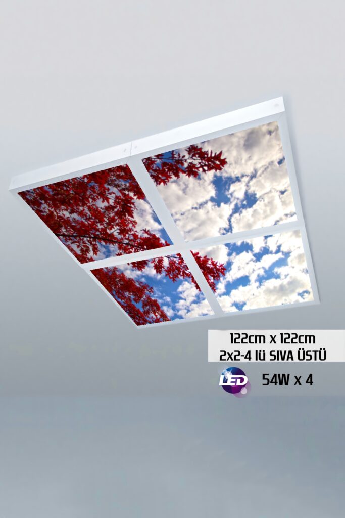 Kızıl Ağaçlar Gökyüzü Panel 2x2-dörtlü-122cmx122cm-tavana Yapışık Led-54watt x 4-sıva Üstü-kolay Montaj-Oturma Odası tavan avize