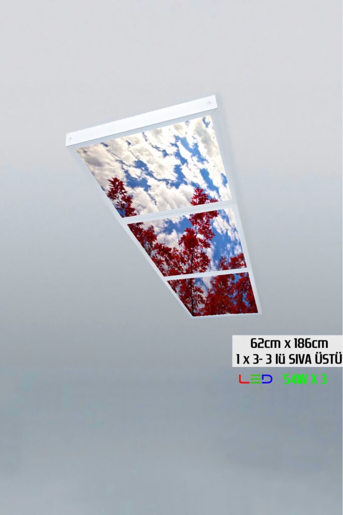 Kırmızı Yapraklar Gökyüzü Panel 1x3-üçlü-62cmx186cm-tavana Yapışık Led-54watt x 3-sıva Üstü-kolay Montaj-Yatak Odası tavan avize