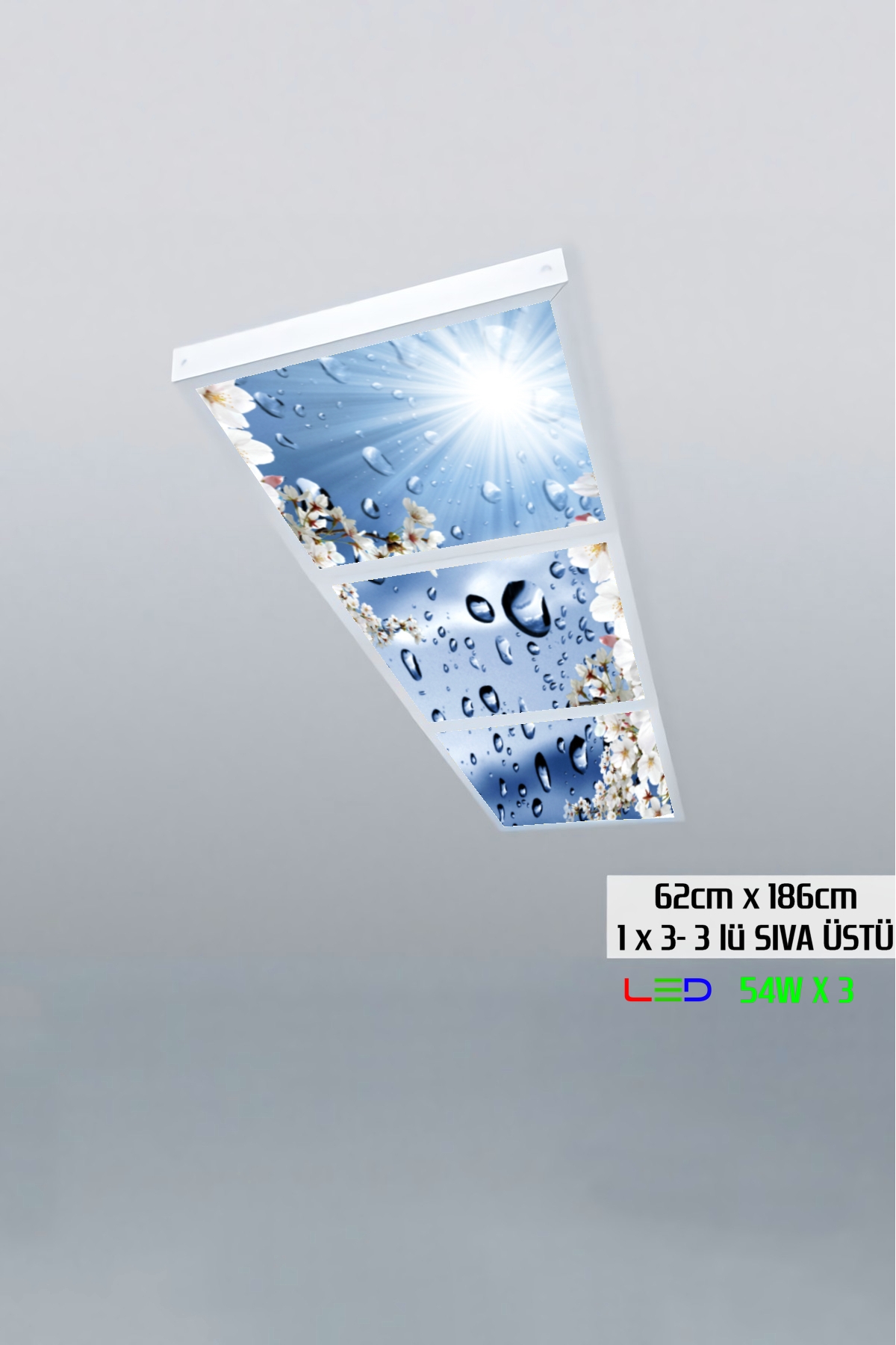 Damlacık Gökyüzü Panel 1x3-üçlü-62cmx186cm-tavana Yapışık Led-54watt x 3-sıva Üstü-kolay Montaj-Banyo, wc tavan avize
