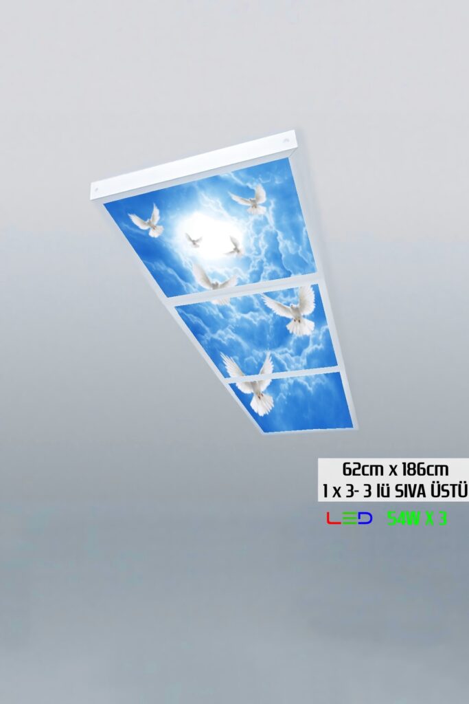 Güvercinli Gökyüzü Panel 1x3-üçlü-62cmx186cm-tavana Yapışık Led-54watt x 3-sıva Üstü-kolay Montaj-Oturma Odası tavan avize