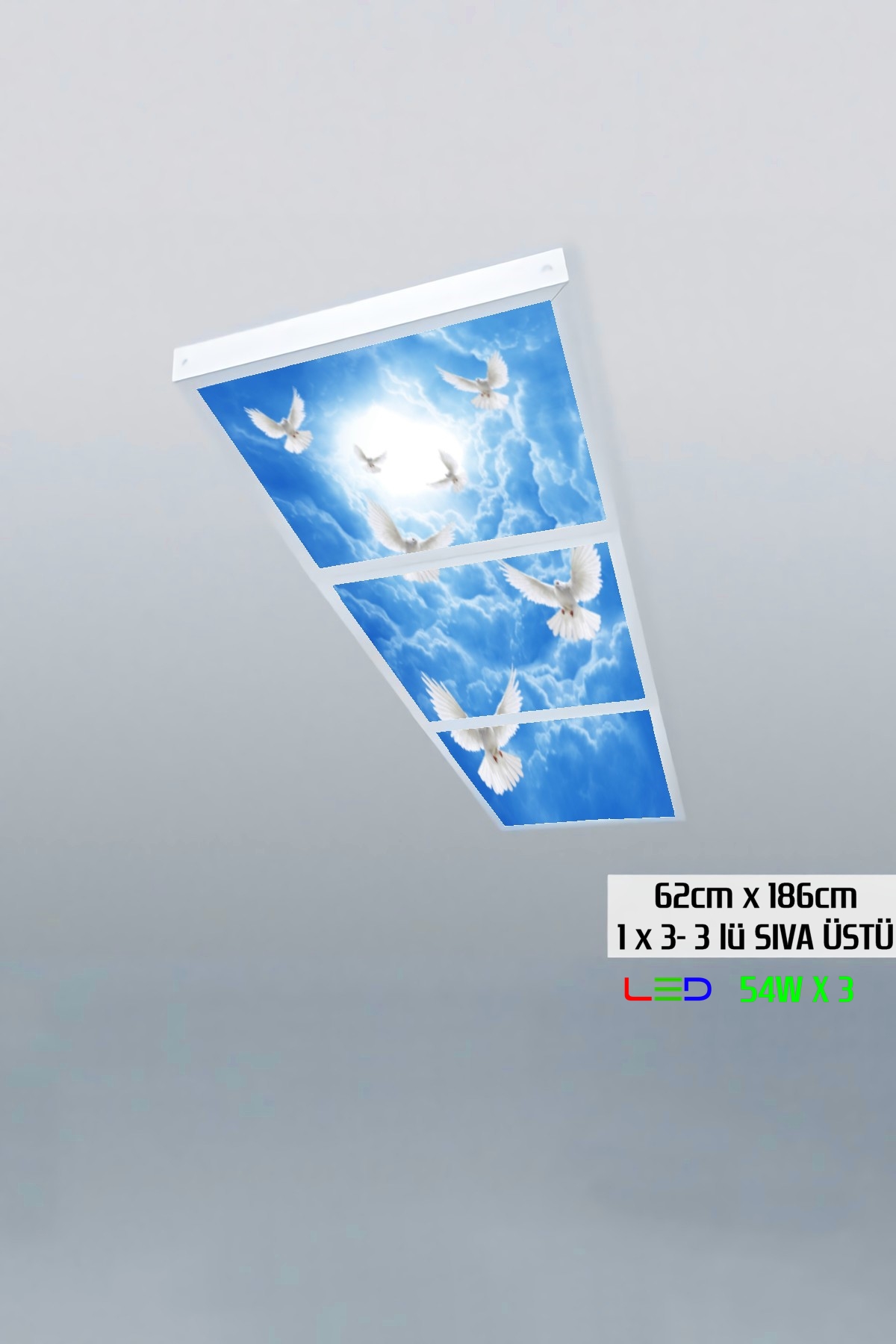 Güvercinli Gökyüzü Panel 1x3-üçlü-62cmx186cm-tavana Yapışık Led-54watt x 3-sıva Üstü-kolay Montaj-Oturma Odası tavan avize