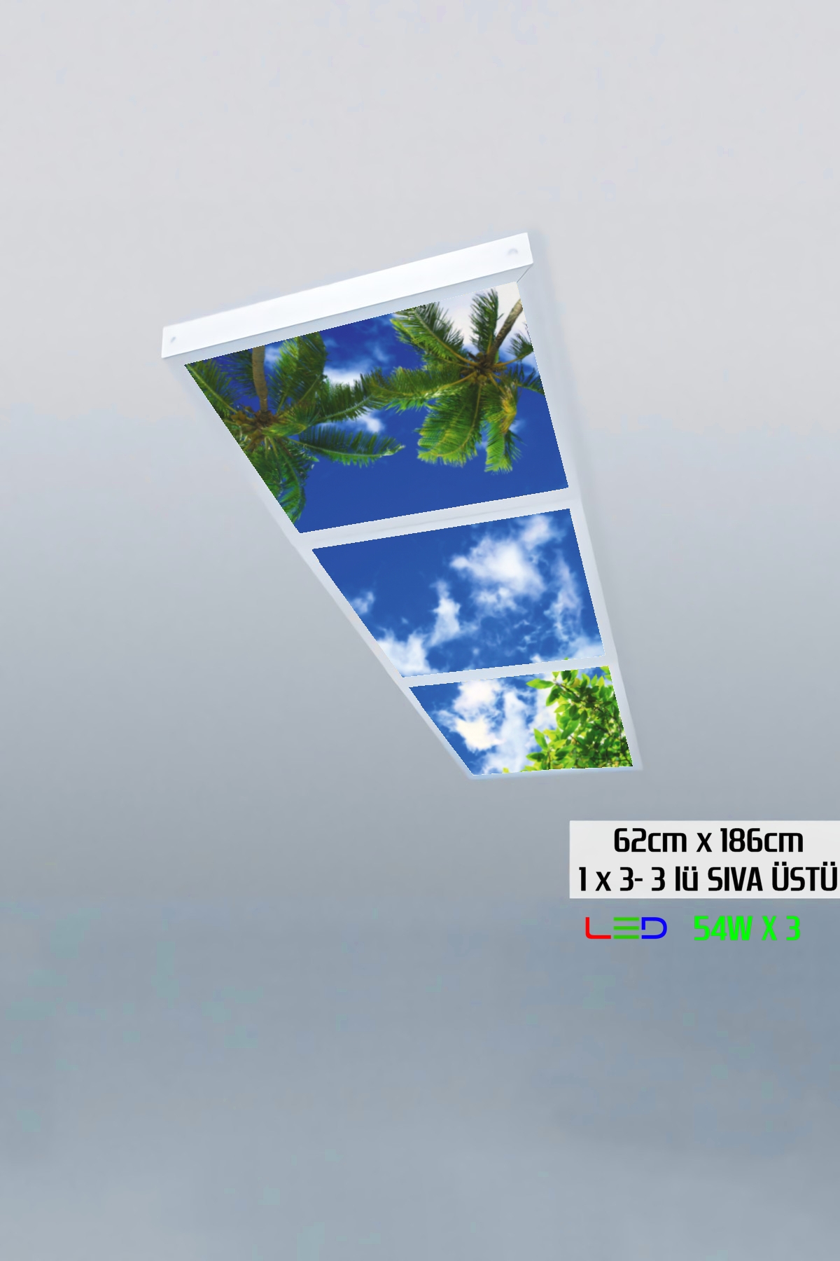 Palmiyeler Gökyüzü Panel 1x3-üçlü-62cmx186cm-tavana Yapışık Led-54watt x 3-sıva Üstü-kolay Montaj-Ofis tavan avize