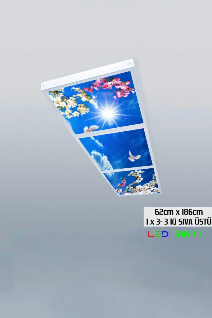 Güvercinler Gökyüzü Panel 1x3-üçlü-62cmx186cm-tavana Yapışık Led-54watt x 3-sıva Üstü-kolay Montaj-Oturma Odası tavan avize