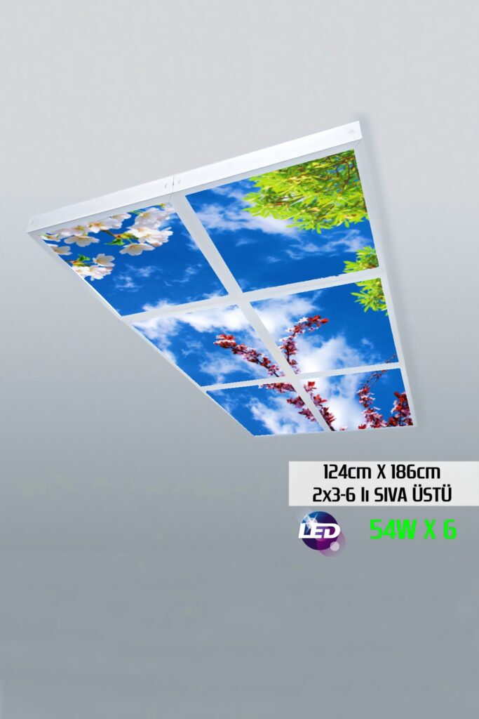 Beyaz Yapraklı Ağaçlar Gökyüzü Panel 2x3-altılı-124cmx186cm-tavana Yapışık Led-54watt x 6-sıva Üstü-kolay Montaj-Oturma Odası tavan avize
