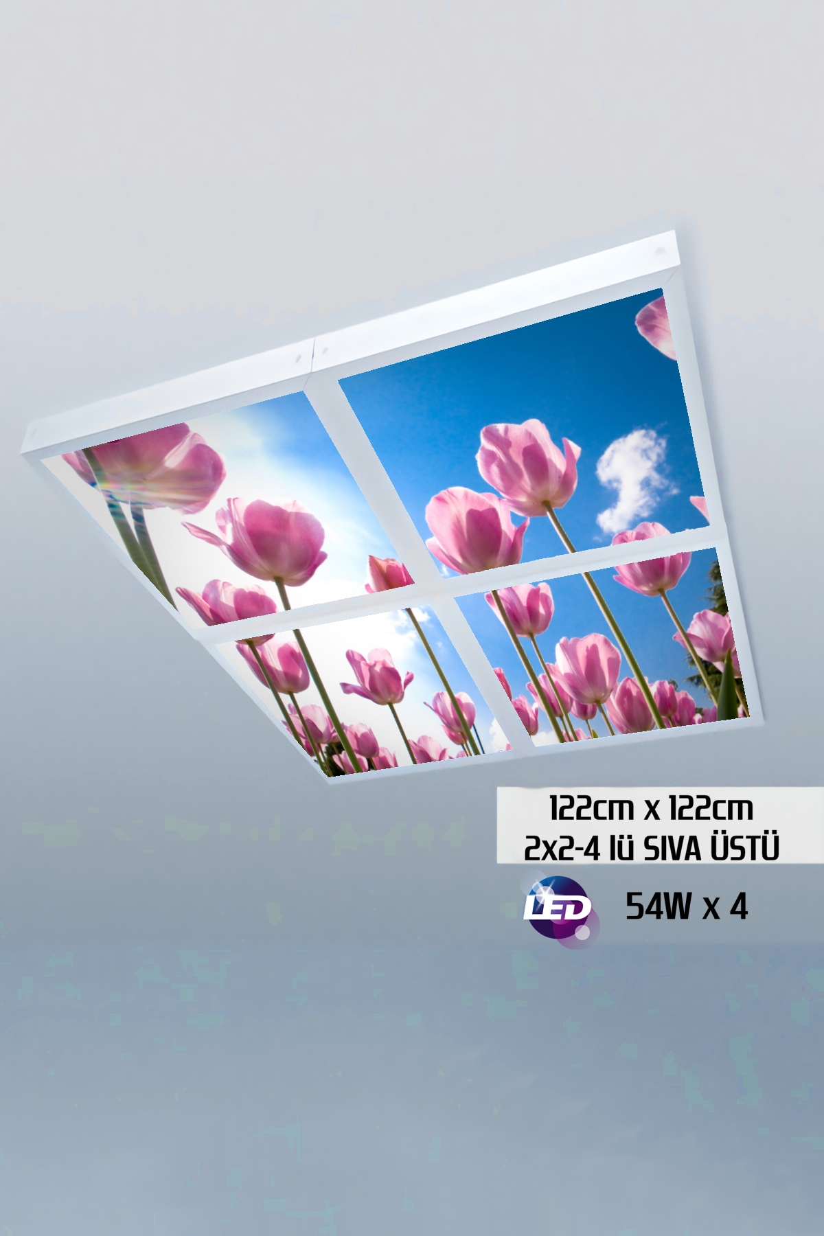 Pembe Laleler Gökyüzü Panel 2x2-dörtlü-122cmx122cm-tavana Yapışık Led-54watt x 4-sıva Üstü-kolay Montaj-Oturma Odası tavan avize