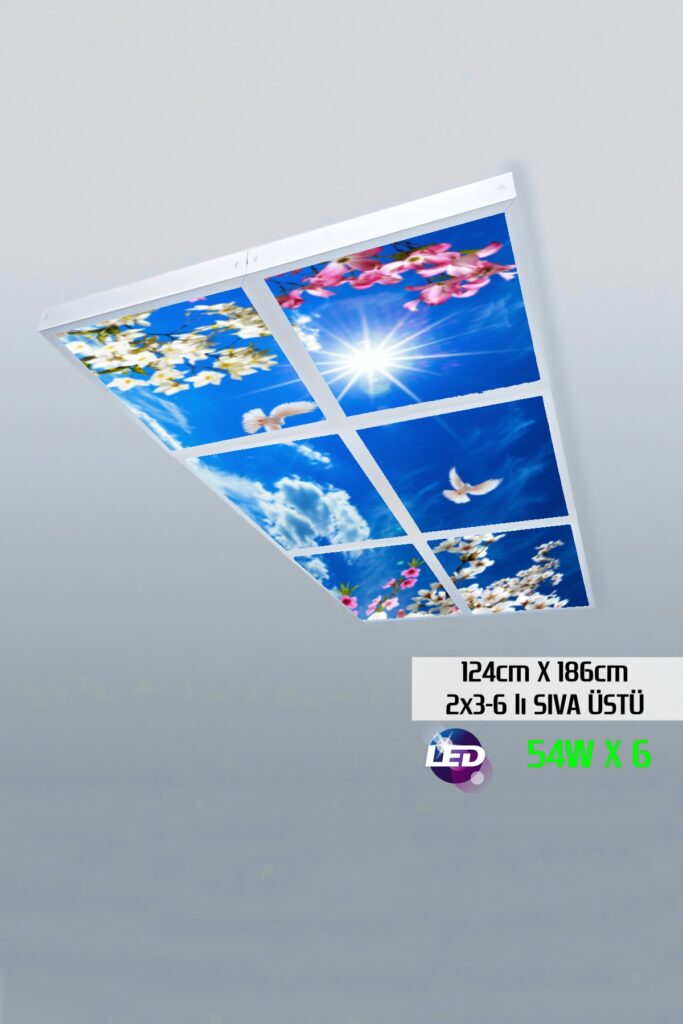 Beyaz Güvercin Gökyüzü Panel 2x3-altılı-124cmx186cm-tavana Yapışık Led-54watt x 6-sıva Üstü-kolay Montaj-Oturma Odası tavan avize