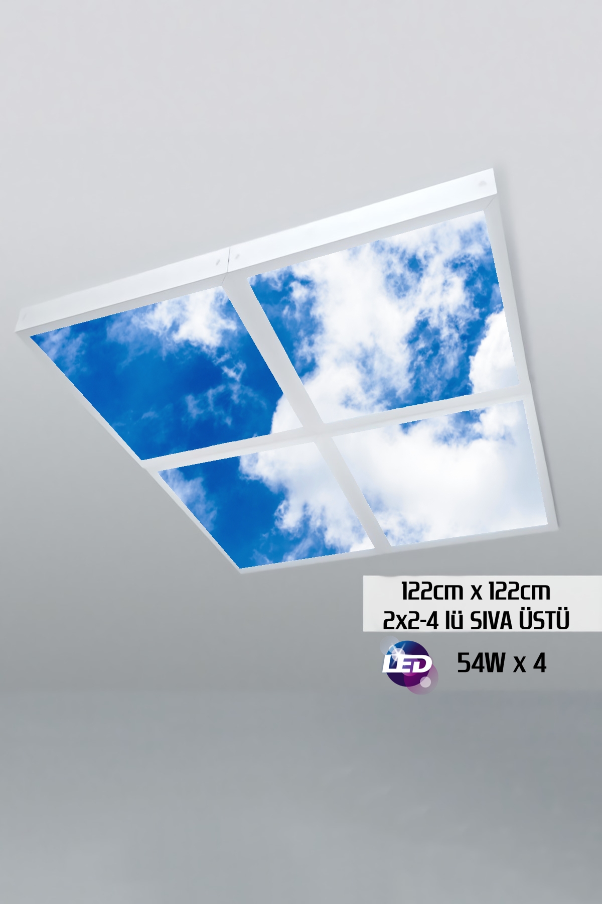 Bulutlu Gökyüzü Panel 2x2-dörtlü-122cmx122cm-tavana Yapışık Led-54watt x 4-sıva Üstü-kolay Montaj-Oturma Odası tavan avize