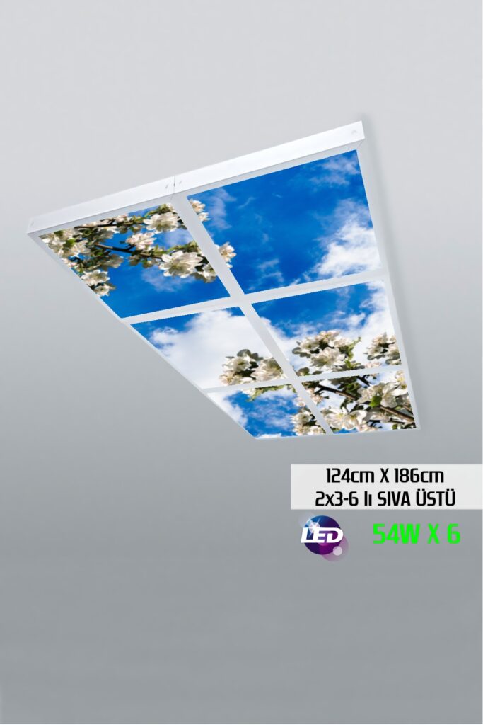 Çiçekli Ağaçlar Gökyüzü Panel 2x3-altılı-124cmx186cm-tavana Yapışık Led-54watt x 6-sıva Üstü-kolay Montaj-Oturma Odası tavan avize