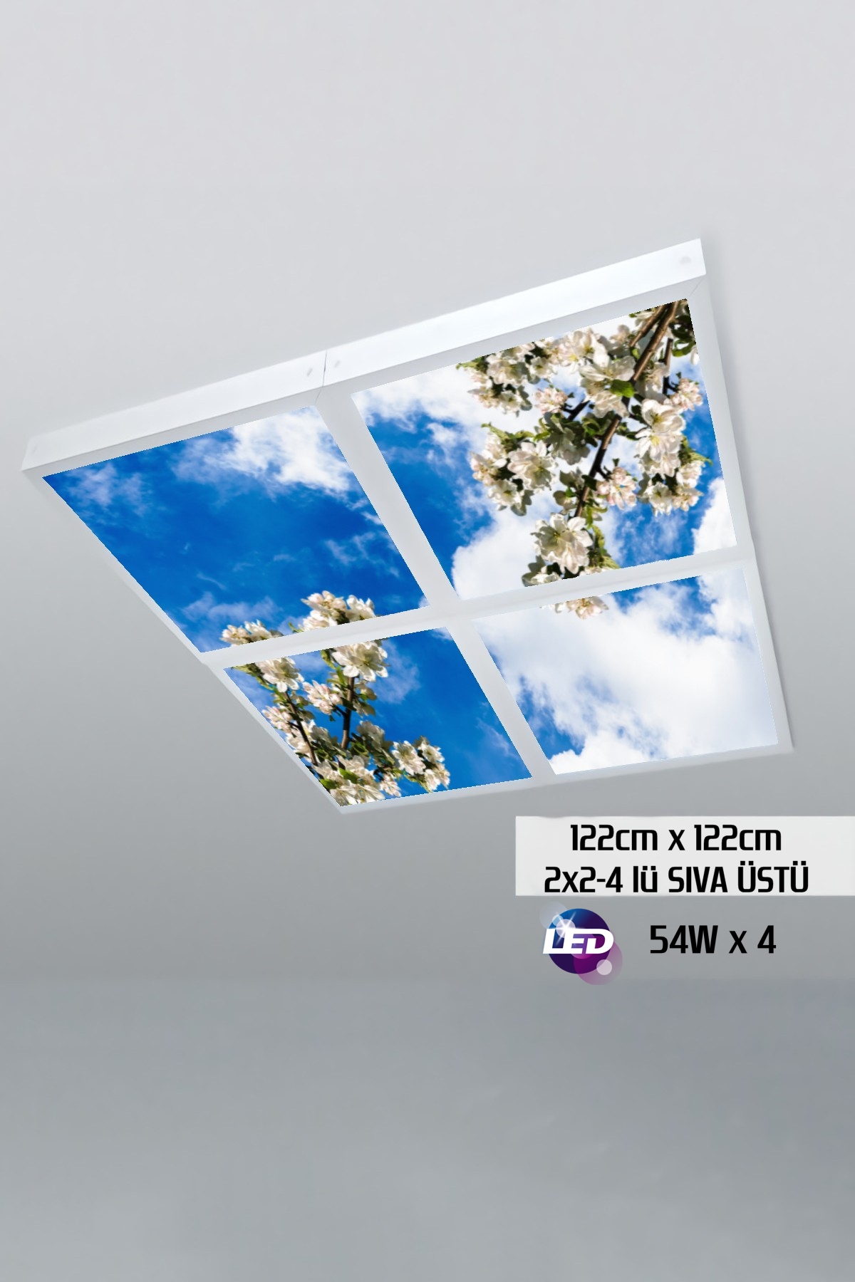 Çiçekli Ağaç Gökyüzü Panel 2x2-dörtlü-122cmx122cm-tavana Yapışık Led-54watt x 4-sıva Üstü-kolay Montaj-Yatak Odası tavan avize