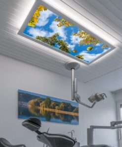 75x135 Gökyüzü Panel, Muayenehane Üzeri Aydınlatma, Kumandalı, Işık bantlı, 106watt-Diş Ünit Lambası, Kiraz Ağacı Lamba, 4 Farklı Ahşap Çerçeve Rengi