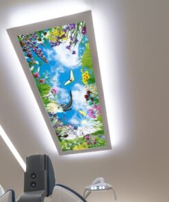 Renkli Çiçekler 75x135 Gökyüzü Panel, Diş Ünit Üzeri Aydınlatma, Kumandalı, Işık bantlı, 106watt-Muayenehane Lambası, Renkli Çiçekler Led Lamba, 4 Farklı Ahşap Çerçeve Rengi