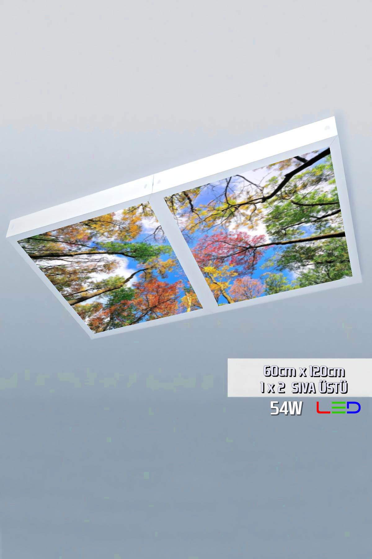 Renkli Ağaçlar Gökyüzü Panel 1x2-ikili-60cmx120cm-tavana Yapışık Led-54watt x 2-sıva Üstü-kolay Montaj-Yatak Odası tavan avize