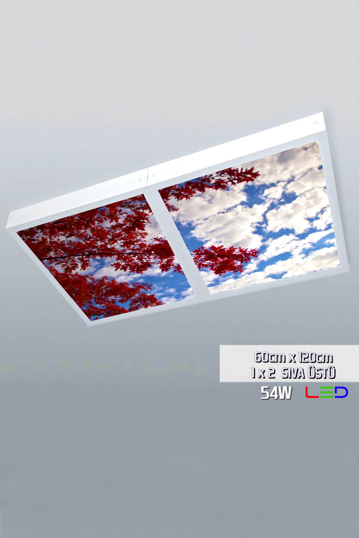 Kırmızı Yaprak Gökyüzü Panel 1x2-ikili-60cmx120cm-tavana Yapışık Led-54watt x 2-sıva Üstü-kolay Montaj-Yatak Odası tavan avize
