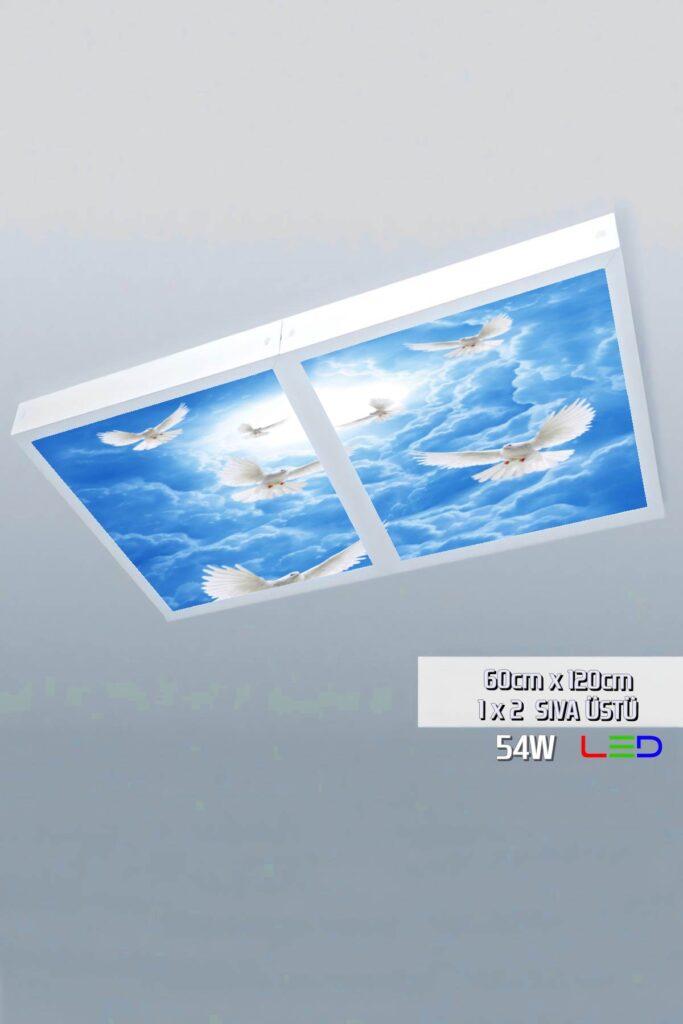 Güvercinler Gökyüzü Panel 1x2-ikili-60cmx120cm-tavana Yapışık Led-54watt x 2-sıva Üstü-kolay Montaj-Oturma Odası tavan avize