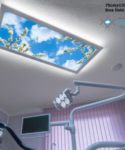 75x135 Gökyüzü Panel, Diş Ünit Üzeri Aydınlatma, Kumandalı, Işık bantlı, 106watt-Dişçi Lambası, Çiçekli Ağaç Led Lamba, 4 Farklı Ahşap Çerçeve Rengi