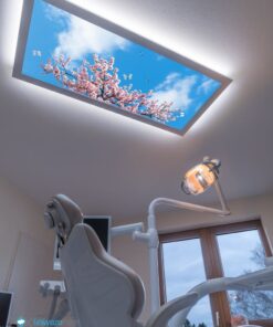 Pembe Ağaç 75x135 Gökyüzü Panel, Muayenehane Üzeri Aydınlatma, Kumandalı, Işık bantlı, 106watt-Diş Ünit Lambası, Pembe Ağaç Lamba, 4 Farklı Ahşap Çerçeve Rengi