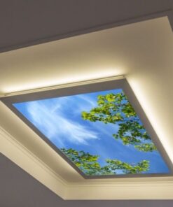 75x135 Gökyüzü Panel, Muayenehane Üzeri Aydınlatma, Kumandalı, Işık bantlı, 106watt-Diş Ünit Lambası, Yeşil Ağaç Lamba, 4 Farklı Ahşap Çerçeve Rengi