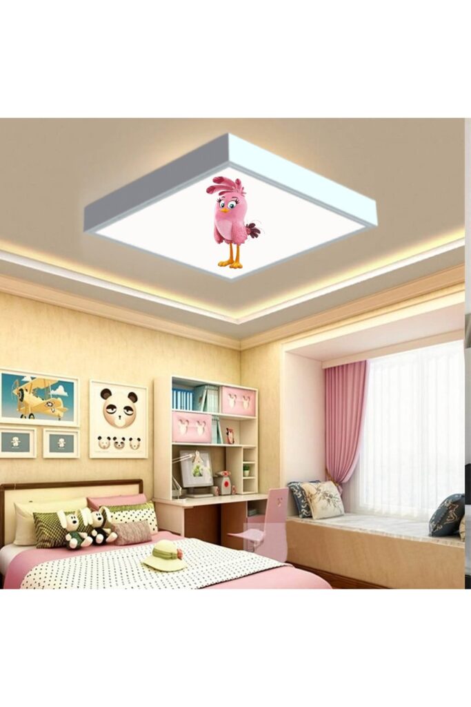 Pembe Kuş 60x60 Çocuk odası avize modelleri, 54wat led, tavana model avize, çocuklar için pembe kuş avize